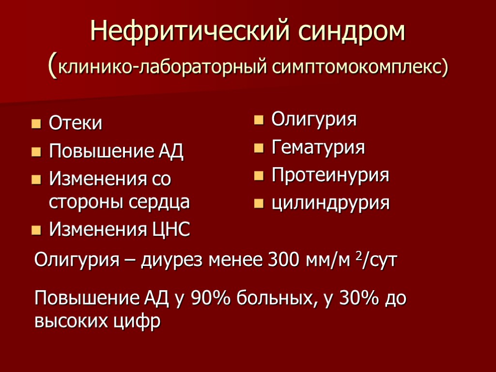 Нефритический синдром (клинико-лабораторный симптомокомплекс) Отеки Повышение АД Изменения со стороны сердца Изменения ЦНС Олигурия